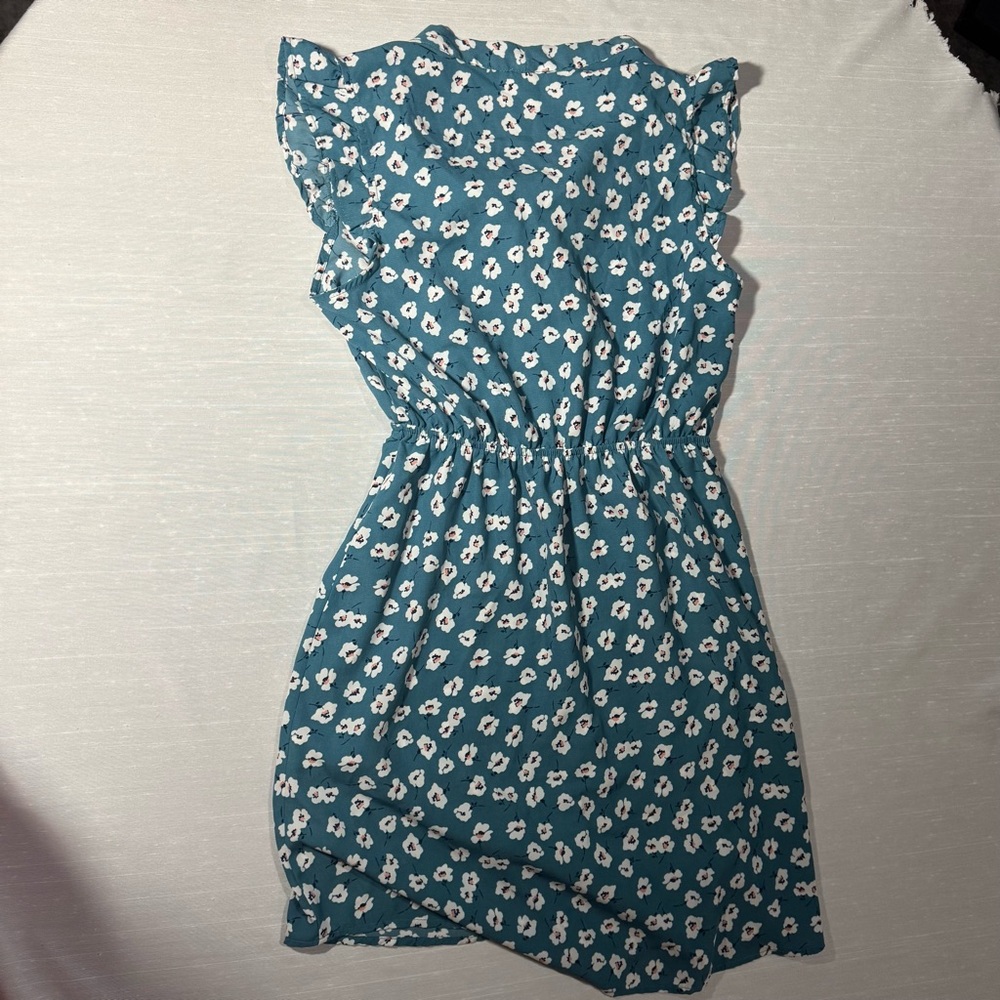 Monteau Floral Dress Teal Tie Neck Ruffle Sleeve Women’s Medium - Picture 4 of 4